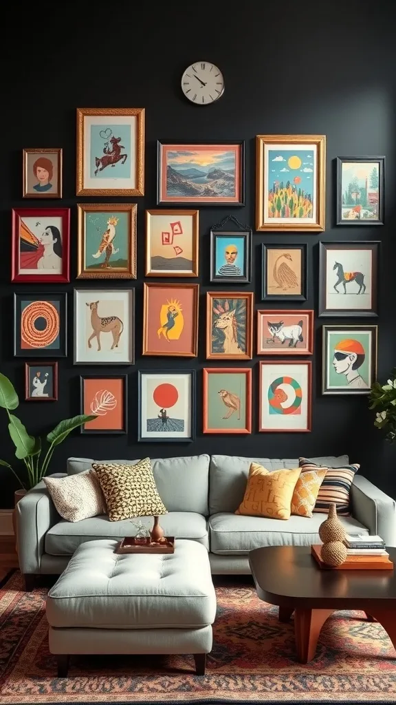 Living room with a black accent wall featuring an eclectic art gallery arrangement, showcasing various framed artworks