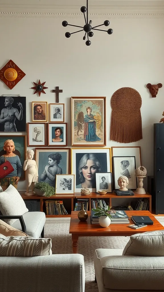 An eclectic living room with a variety of artwork and decor on the walls, featuring framed photographs and decorative wall hangings.