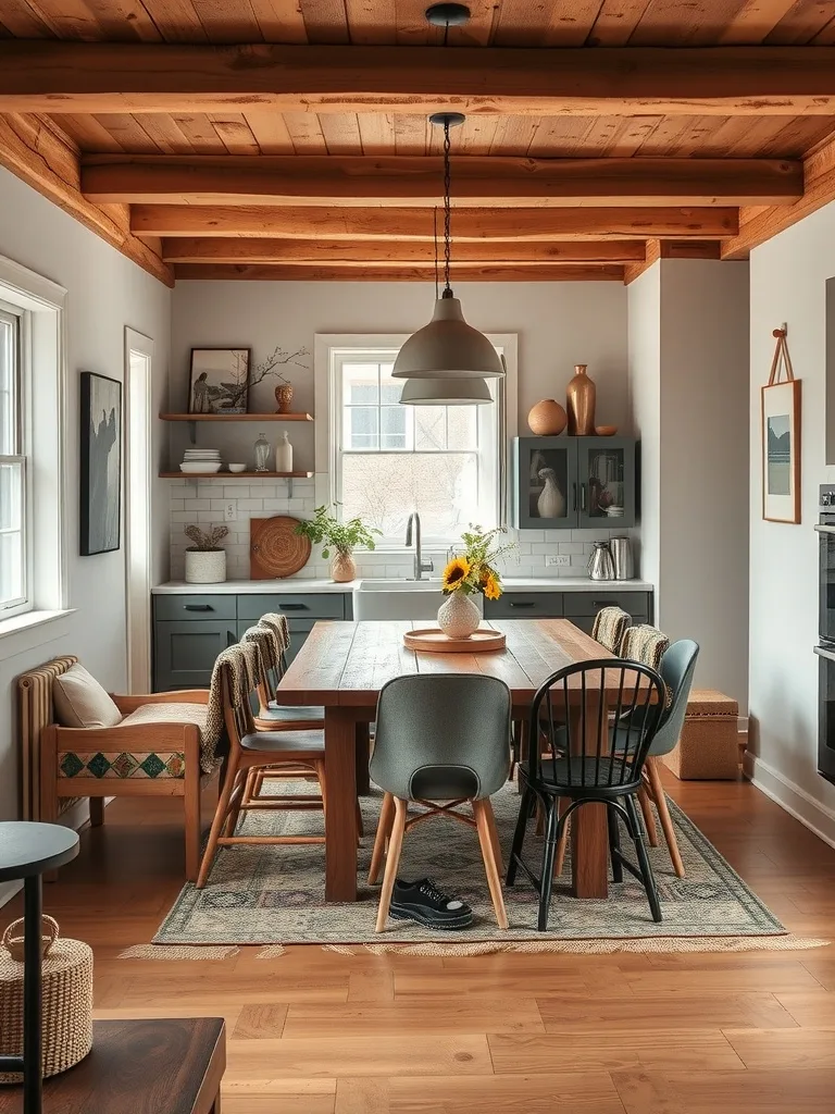 Eclectic dining area with wooden beams, mixed chairs, and a central dining table featuring sunflowers.