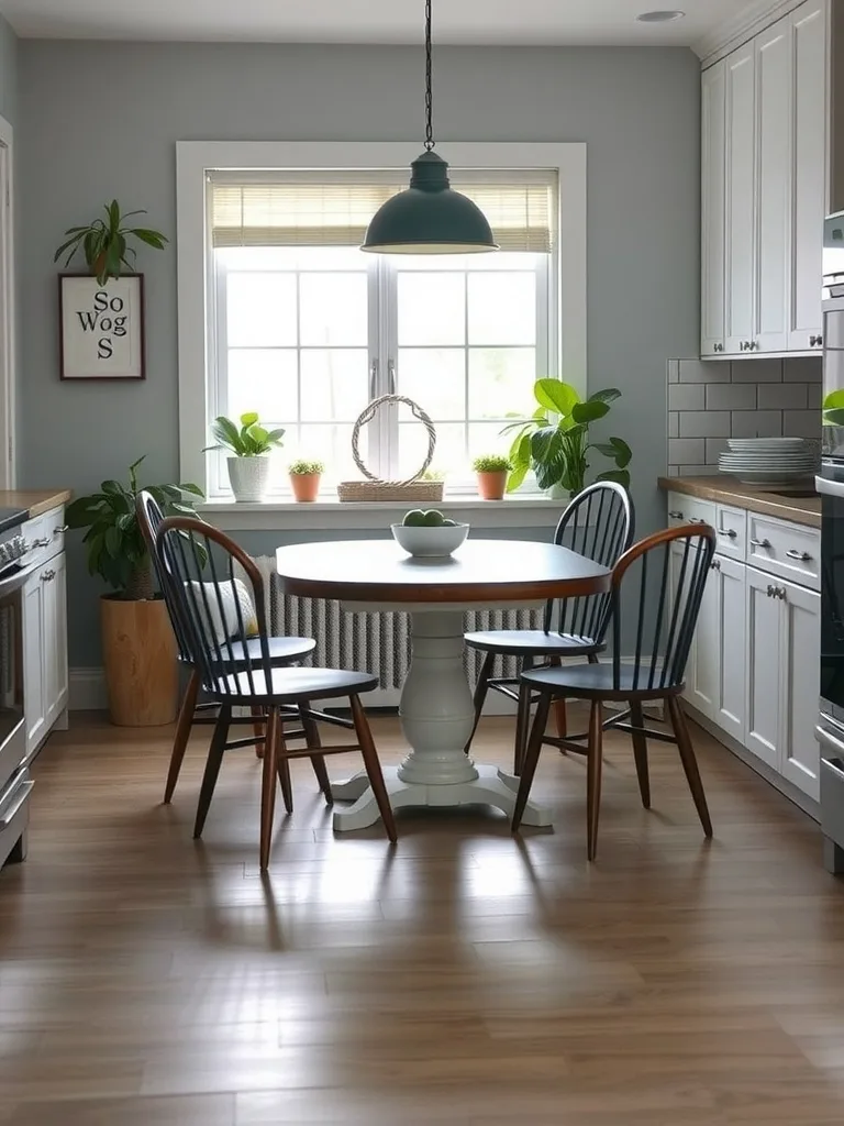 A cozy dining nook featuring a round table, stylish chairs, and plants in a bright kitchen.