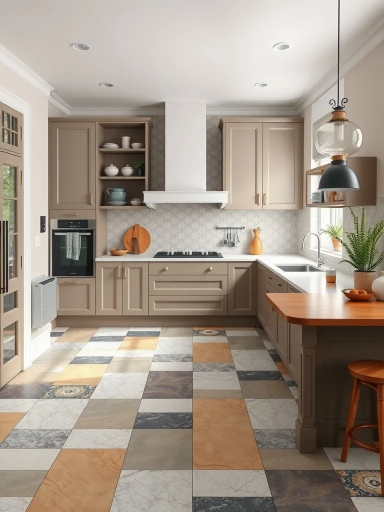 Eclectic kitchen with patterned floor tiles in various colors and textures.