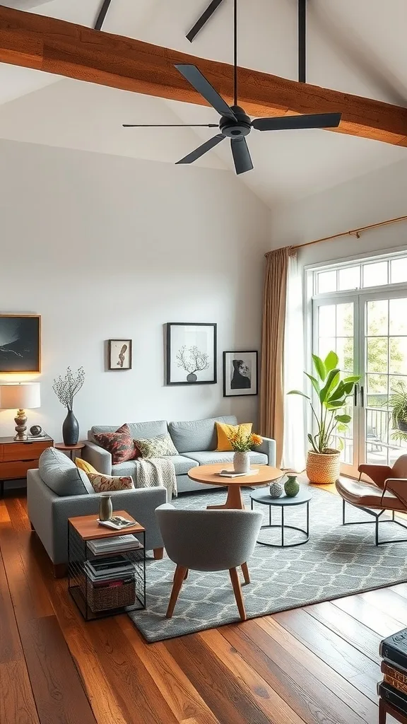 A stylish eclectic living room featuring a mix of furniture, colors, and decor.