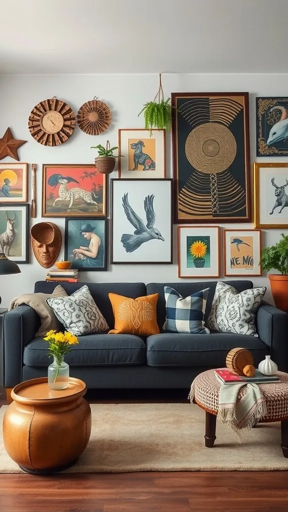 A dark gray sofa surrounded by an eclectic mix of framed art, decorative items, and colorful cushions.