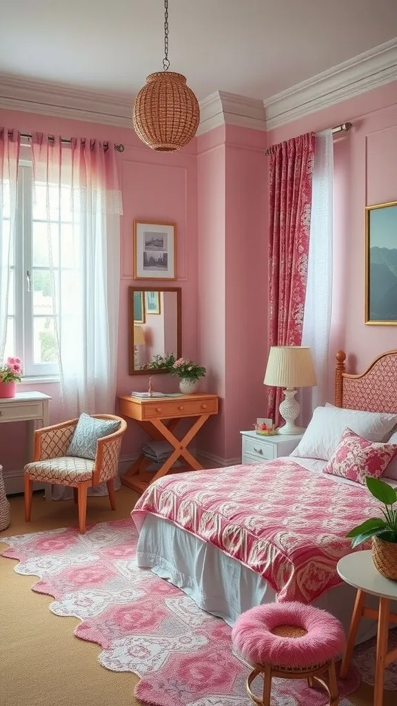 A beautifully decorated pink bedroom featuring a mix of pink shades, cozy textures, and eclectic furniture.