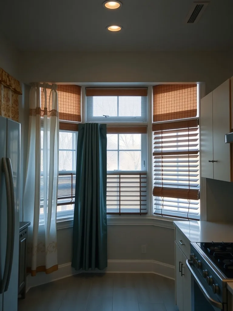 A warm, eclectic kitchen with bamboo blinds and teal curtains.