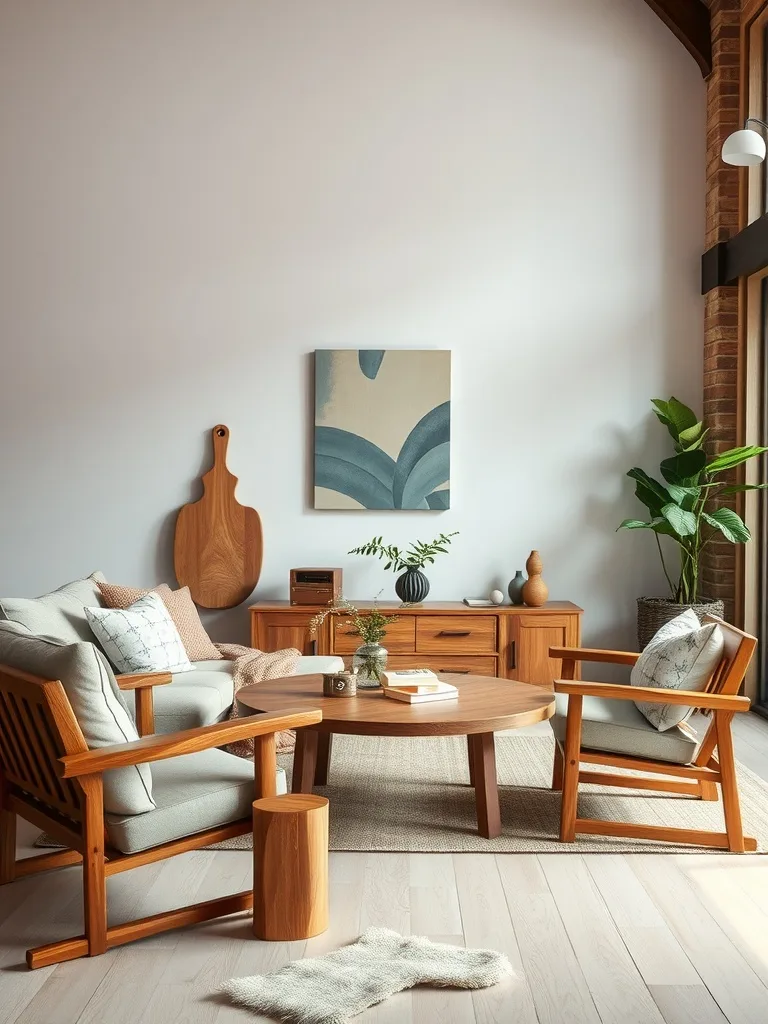 A cozy eco-friendly living room featuring wooden furniture and natural decor.