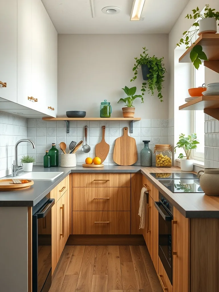 A small galley kitchen with wooden cabinets, plants, and eco-friendly storage.