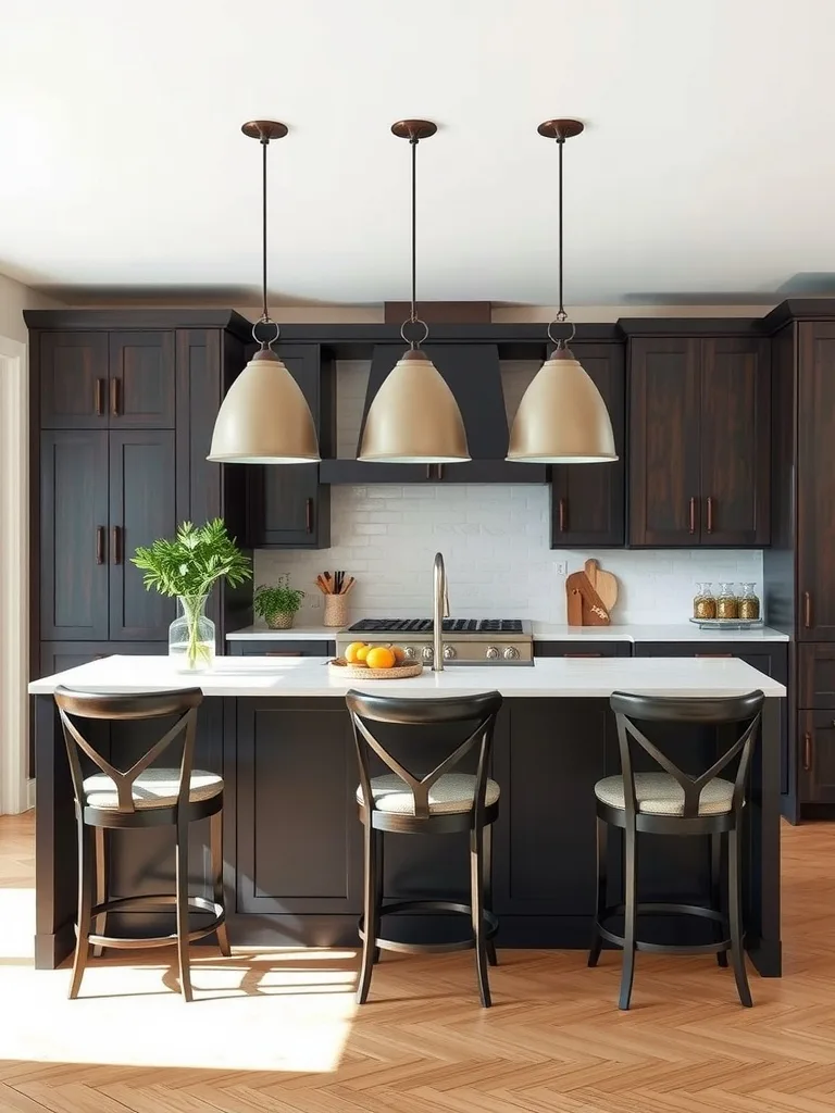 Dark kitchen featuring elegant bar stools and pendant lighting.