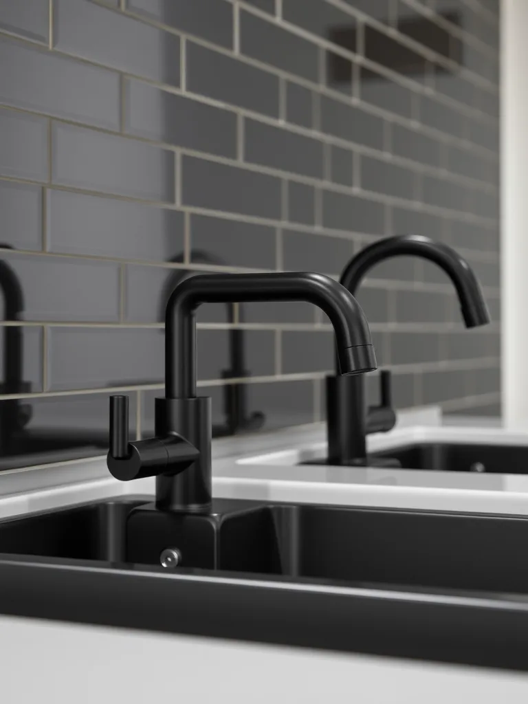 Close-up of black faucets in a modern bathroom with dark tiles.