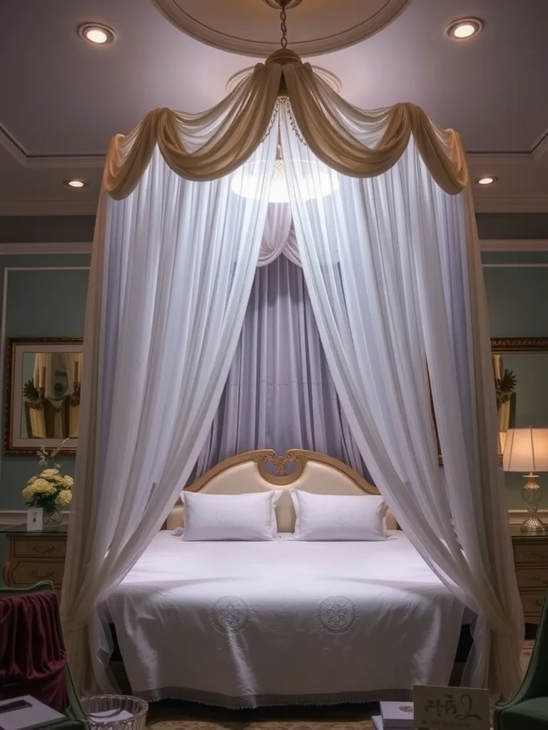 A luxurious canopy bed with white drapes and decorative elements, creating a serene bedroom atmosphere.