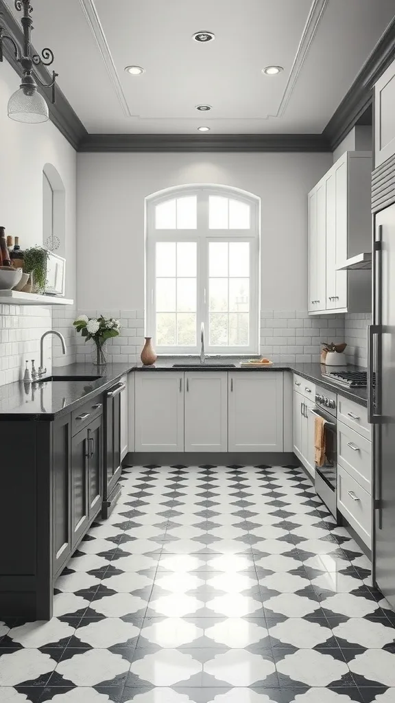 A stylish black and white kitchen with checkered flooring