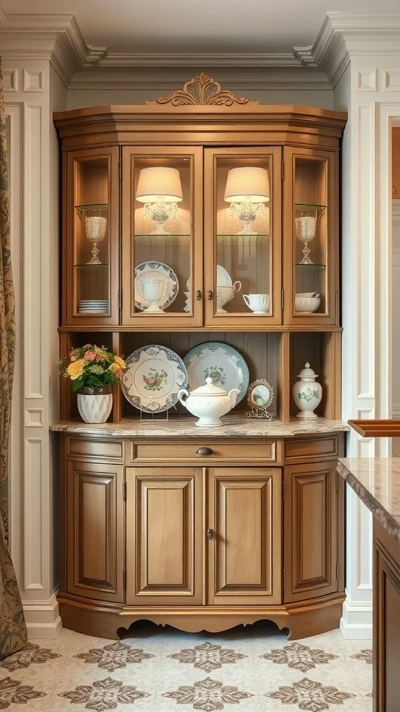 Elegant wooden corner cabinet with glass doors showcasing decorative plates and glassware.