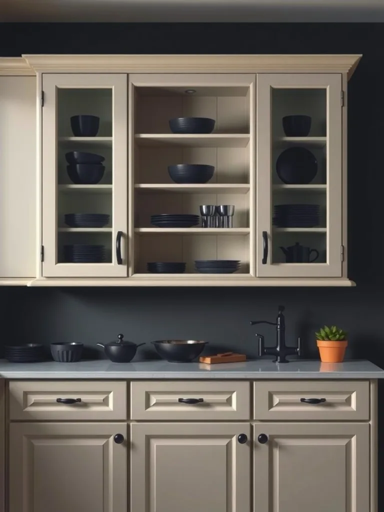 A moody dark kitchen featuring elegant glass front cabinets displaying black dishware.