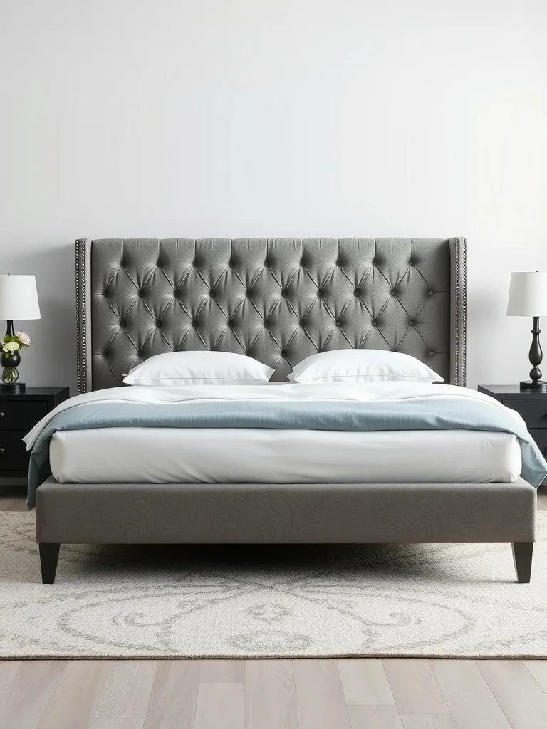 A stylish gray headboard with tufted design in a modern bedroom setting.