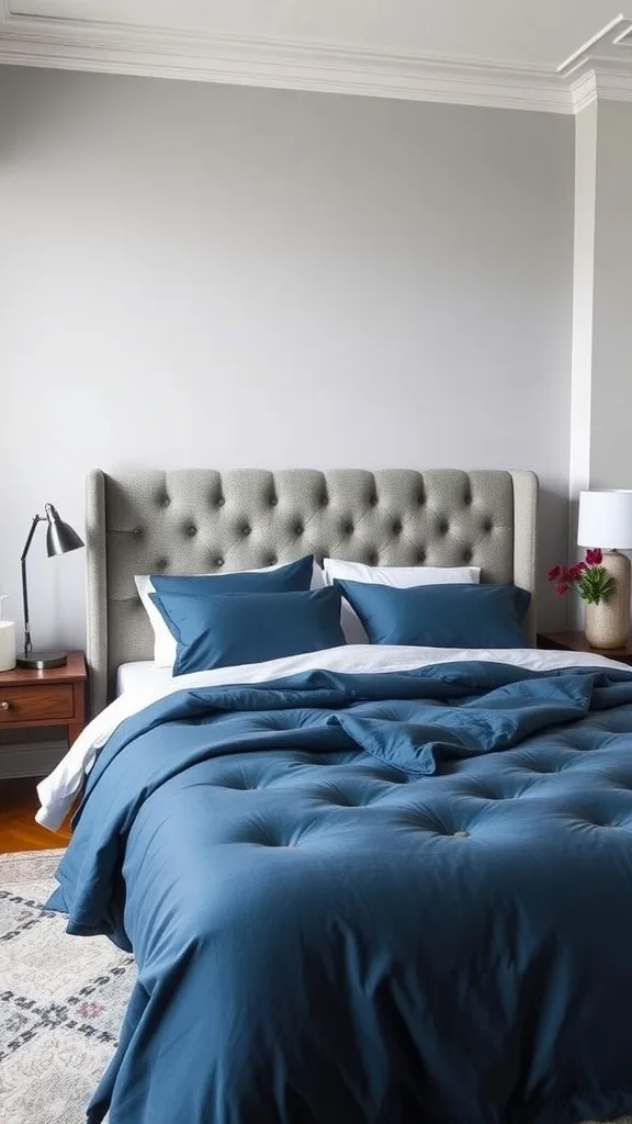 Bedroom featuring a gray upholstered headboard with blue bedding and a modern lamp.