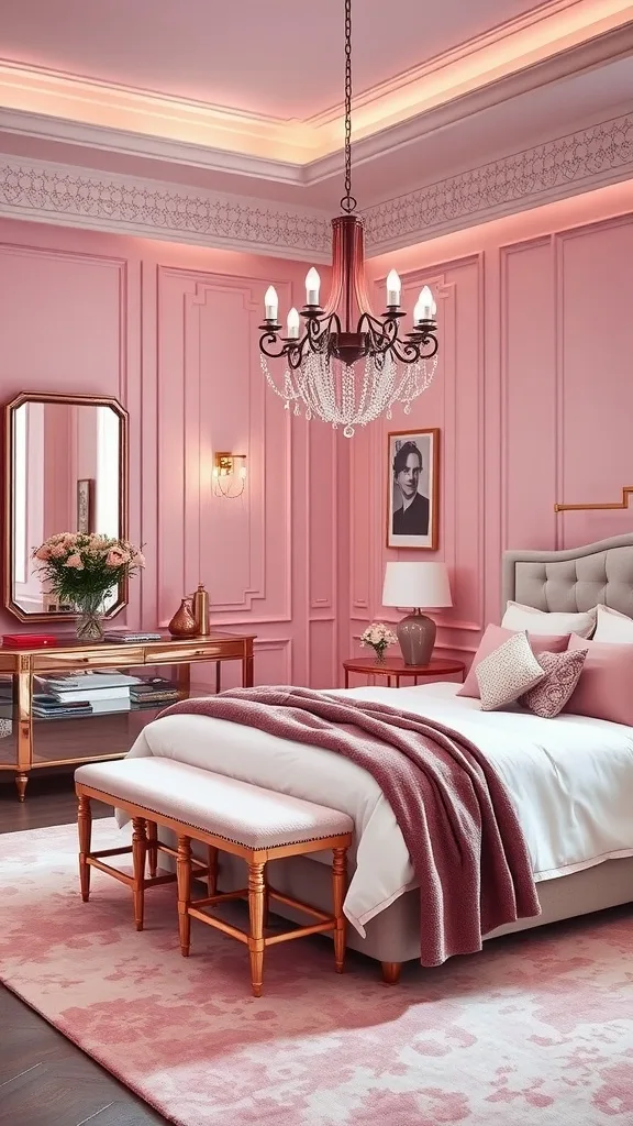 A stylish pink bedroom featuring rose gold accents, a chandelier, and elegant decor.