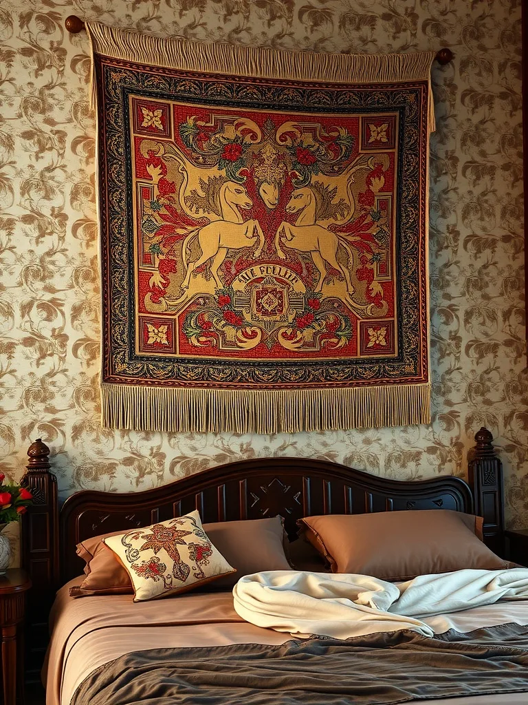 A beautiful tapestry with fringes hanging above a bed, featuring unicorns and floral designs.