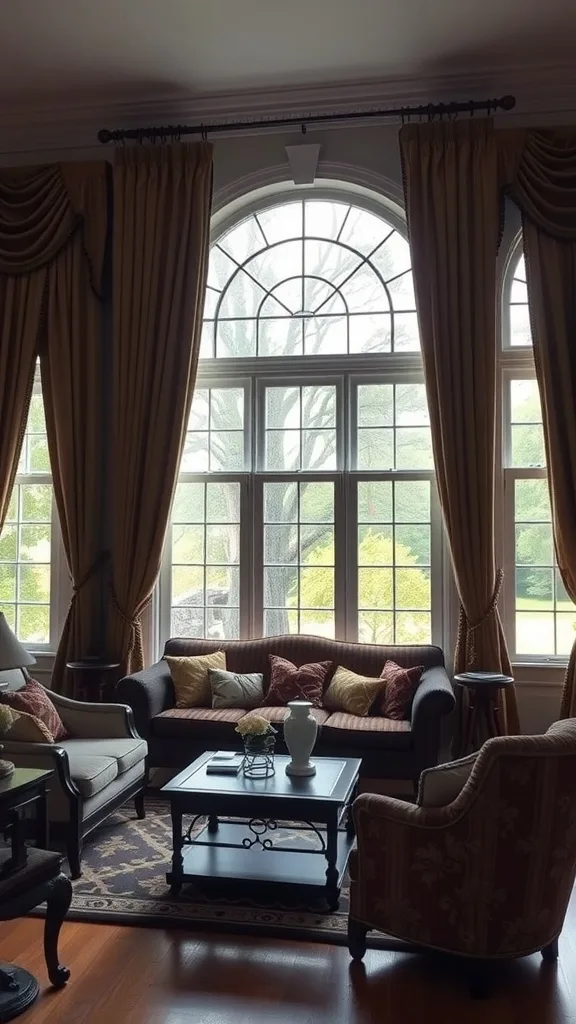 A cozy colonial living room with elegant golden curtains framing large arched windows.