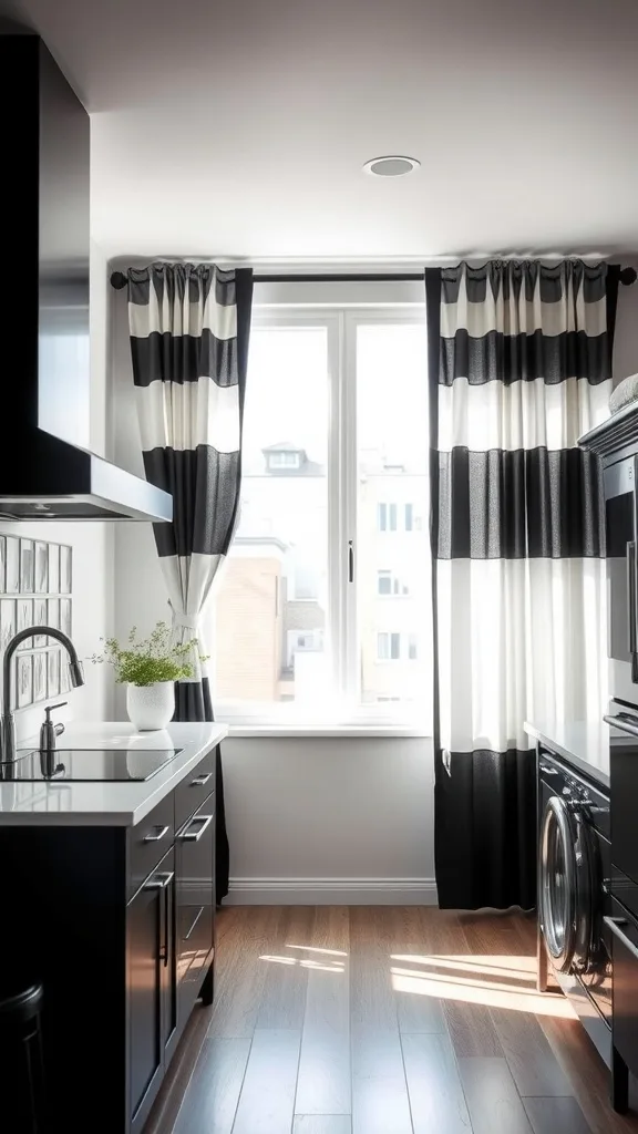 A modern kitchen featuring black cabinets and bold striped curtains in black and white.