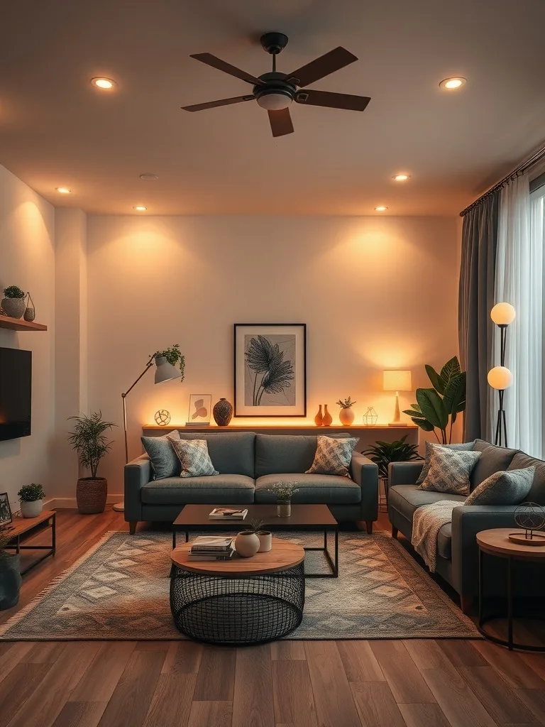 A cozy living room featuring energy-efficient lighting with a modern design.