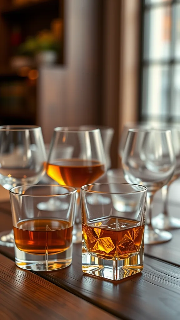 A selection of whiskey glasses displayed on a wooden tray with whiskey bottles in the background.