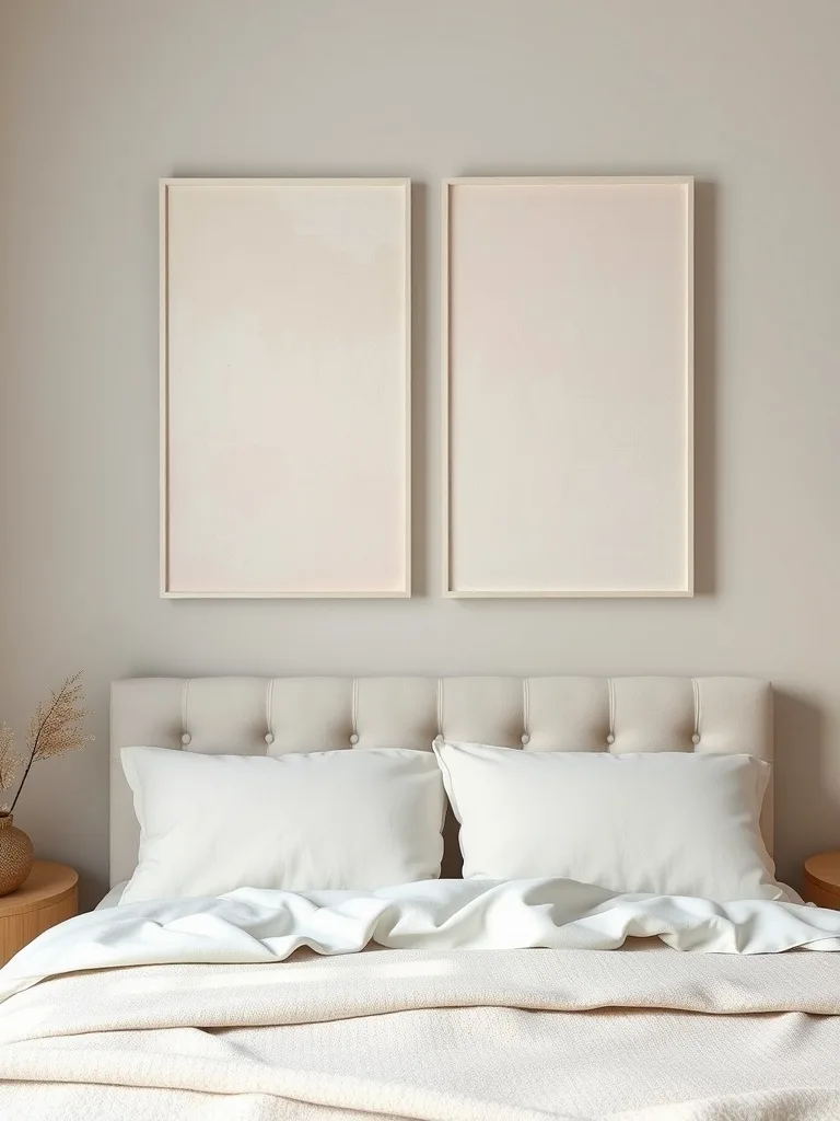 Two fabric wall art panels above a bed with soft white bedding and neutral decor.