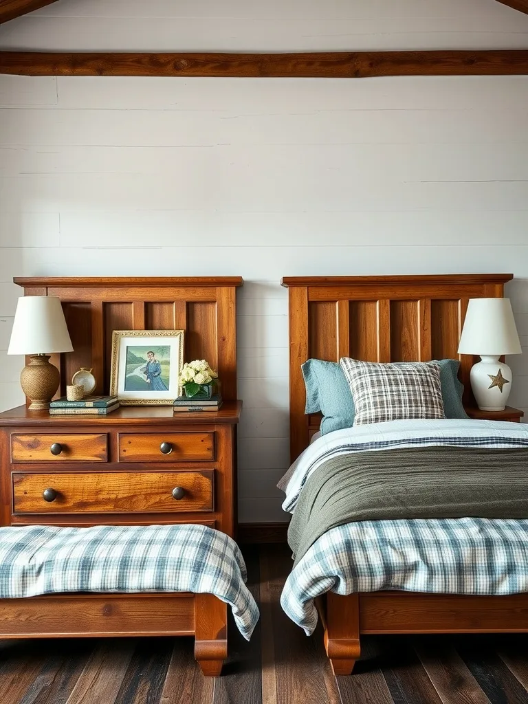 Rustic farmhouse-style nightstands in a cozy bedroom setting.