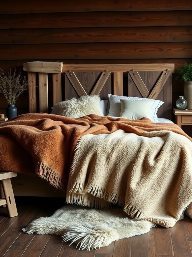 A rustic bedroom featuring faux fur throws in warm orange and beige colors on a wooden bed.