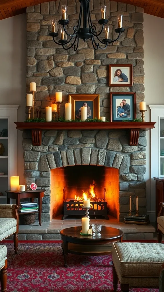 Cozy colonial living room with a stone fireplace, candles, and family photos