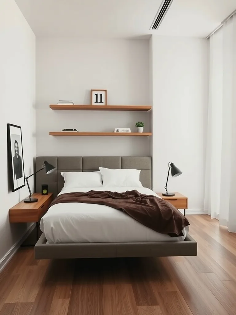 A narrow bedroom featuring floating furniture including a bed and shelves, designed for a sleek and spacious look.