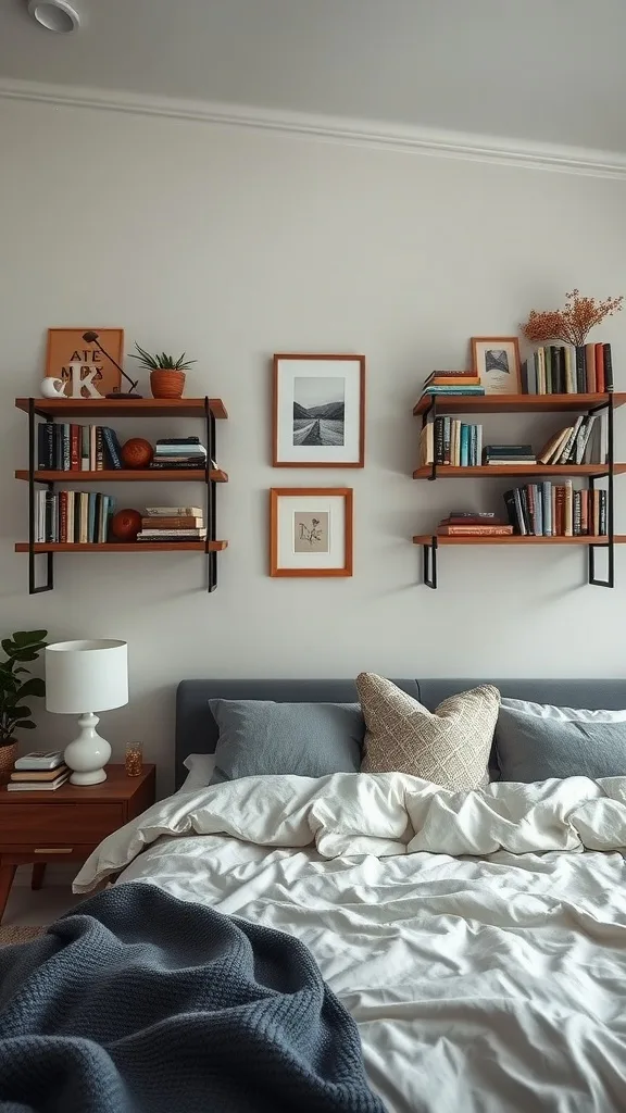 A cozy bedroom featuring floating shelves with books and decor above a neatly made bed.