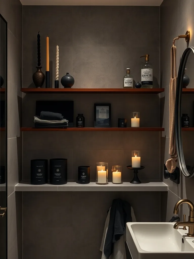 Dark and moody bathroom design featuring floating shelves with decorative items and candles.