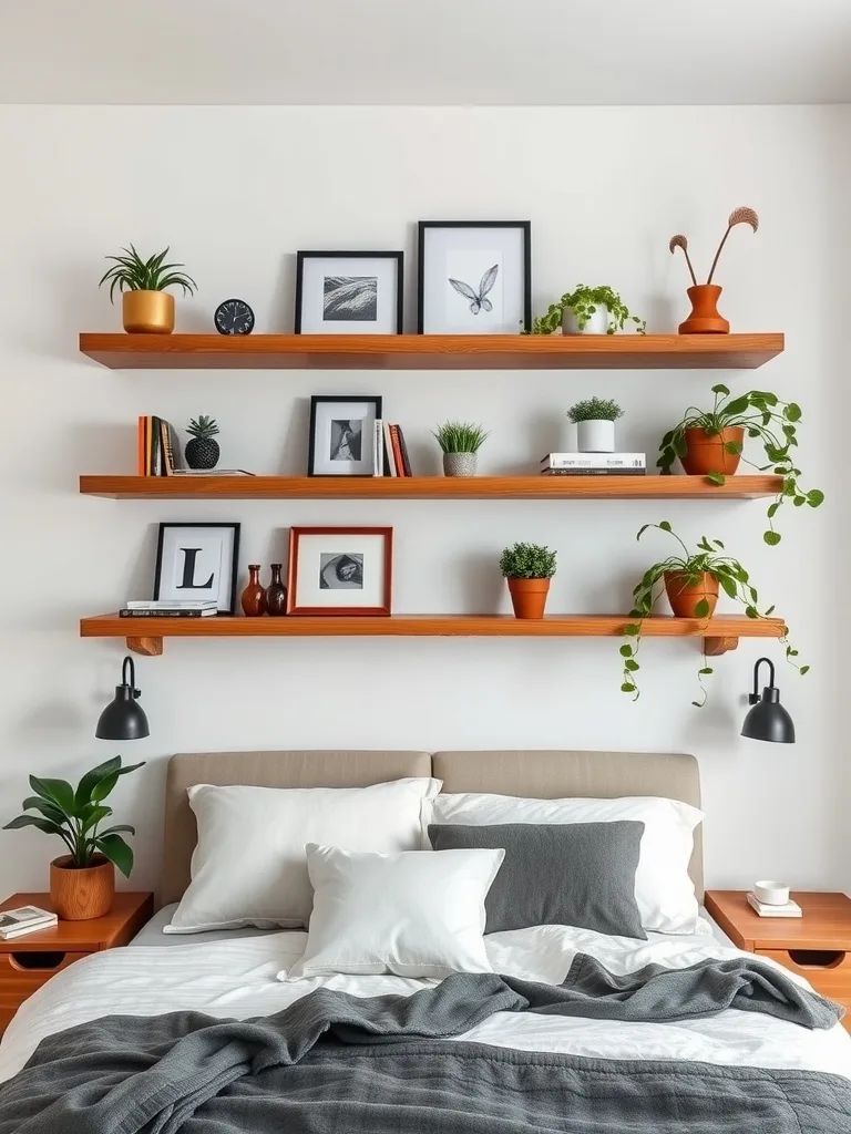 Floating shelves above a bed displaying plants, books, and framed pictures.