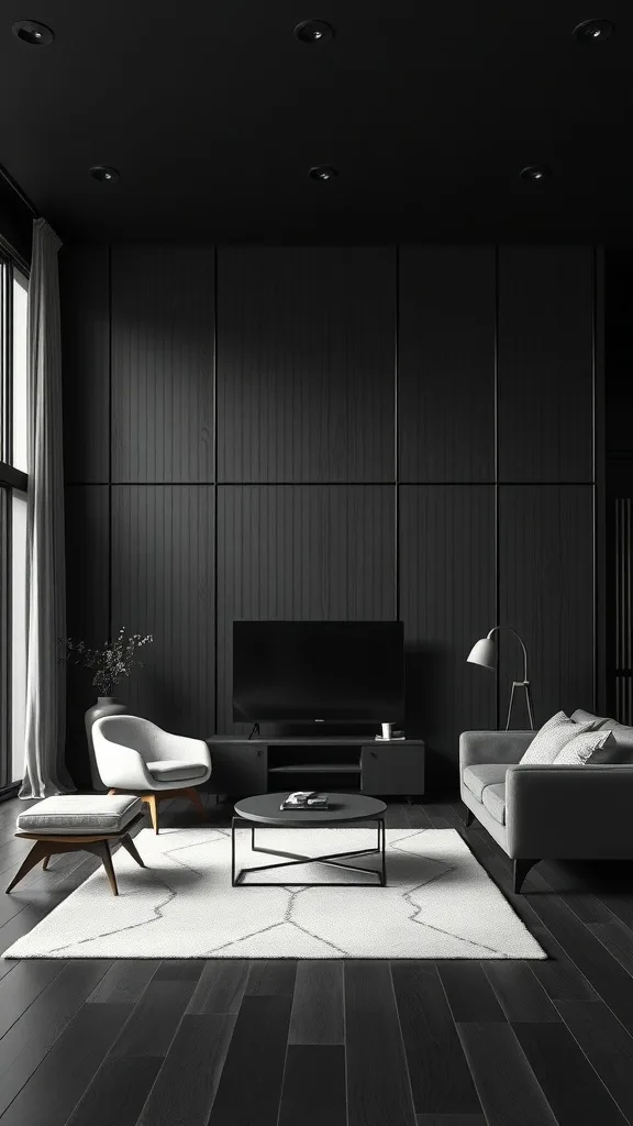 Living room featuring floor-to-ceiling black paneling with modern furniture and decor.