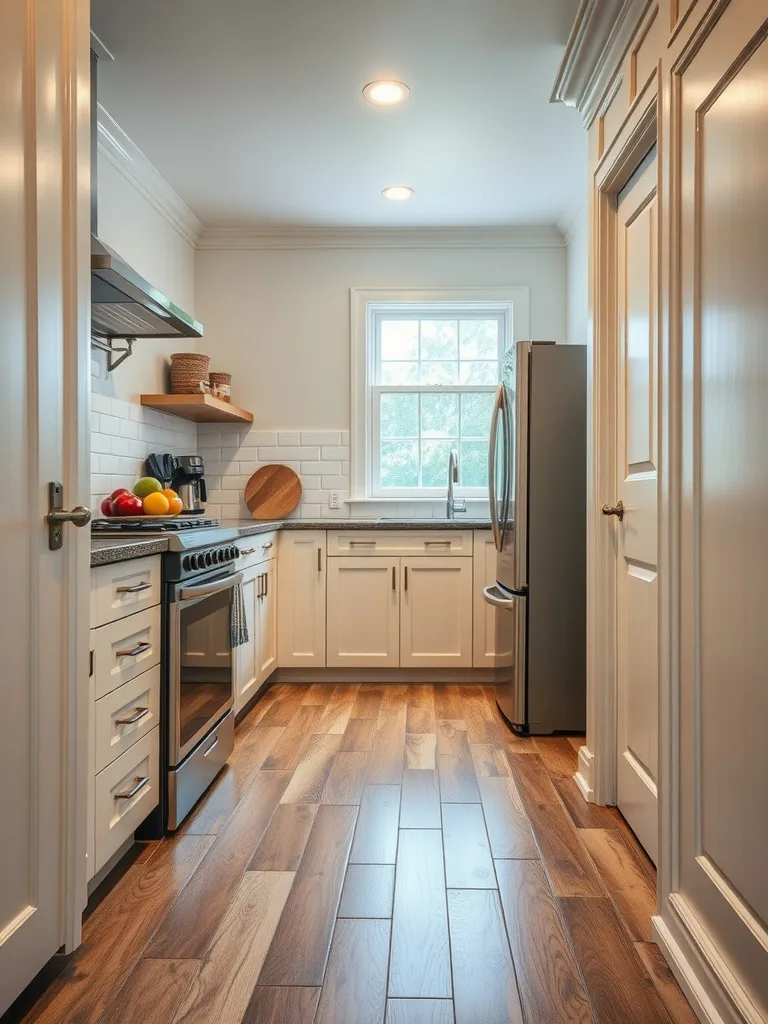 A small galley kitchen featuring wooden floors, white cabinets, and a window.