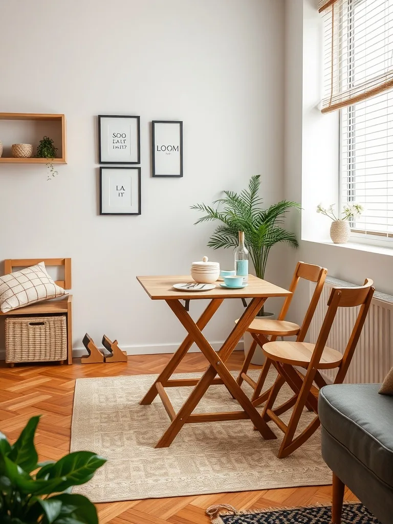 A cozy dining setup with a foldable wooden table and two chairs in a small apartment.