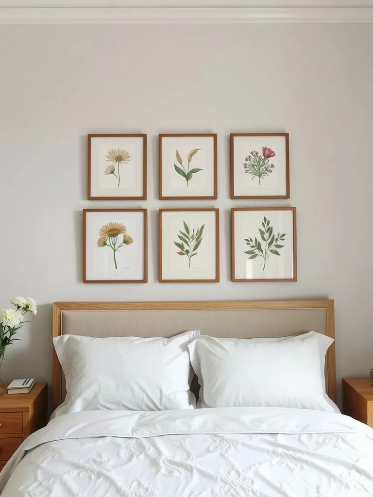 Framed botanical prints above a bed in a cozy bedroom