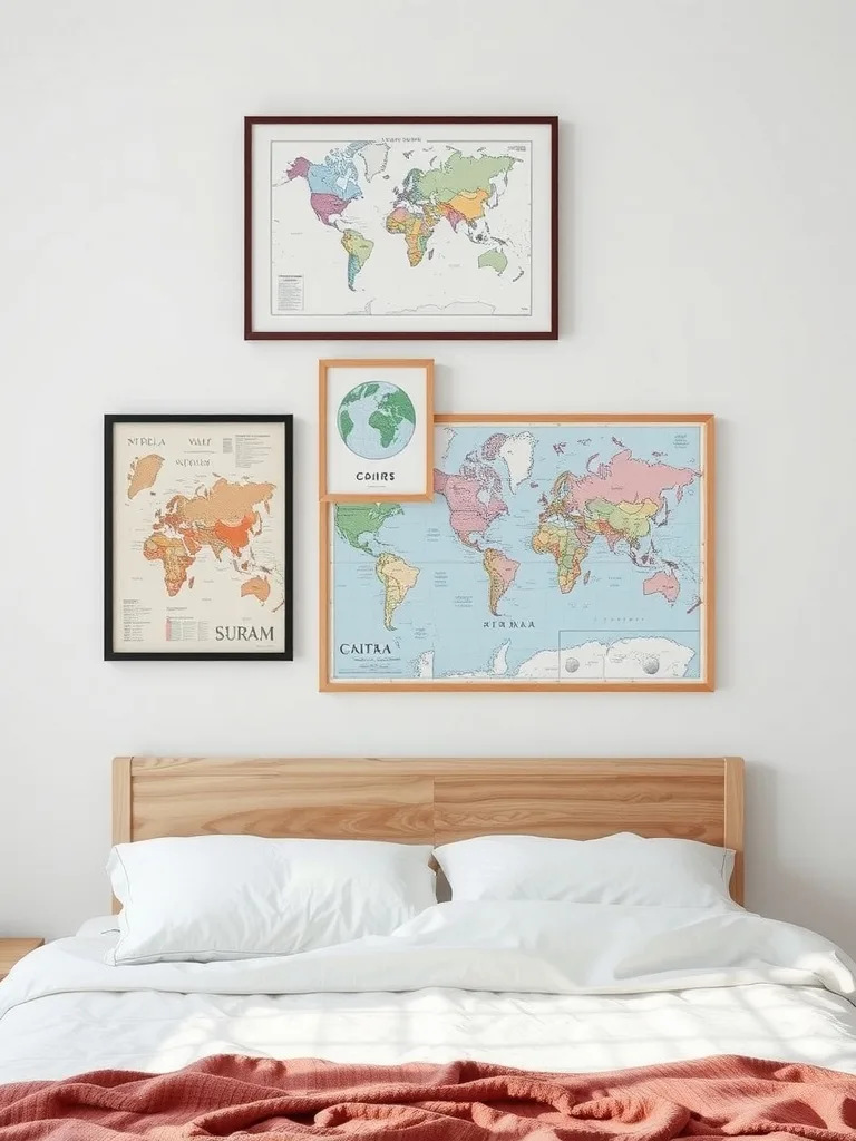 A cozy bedroom with framed travel maps on the wall above the bed.