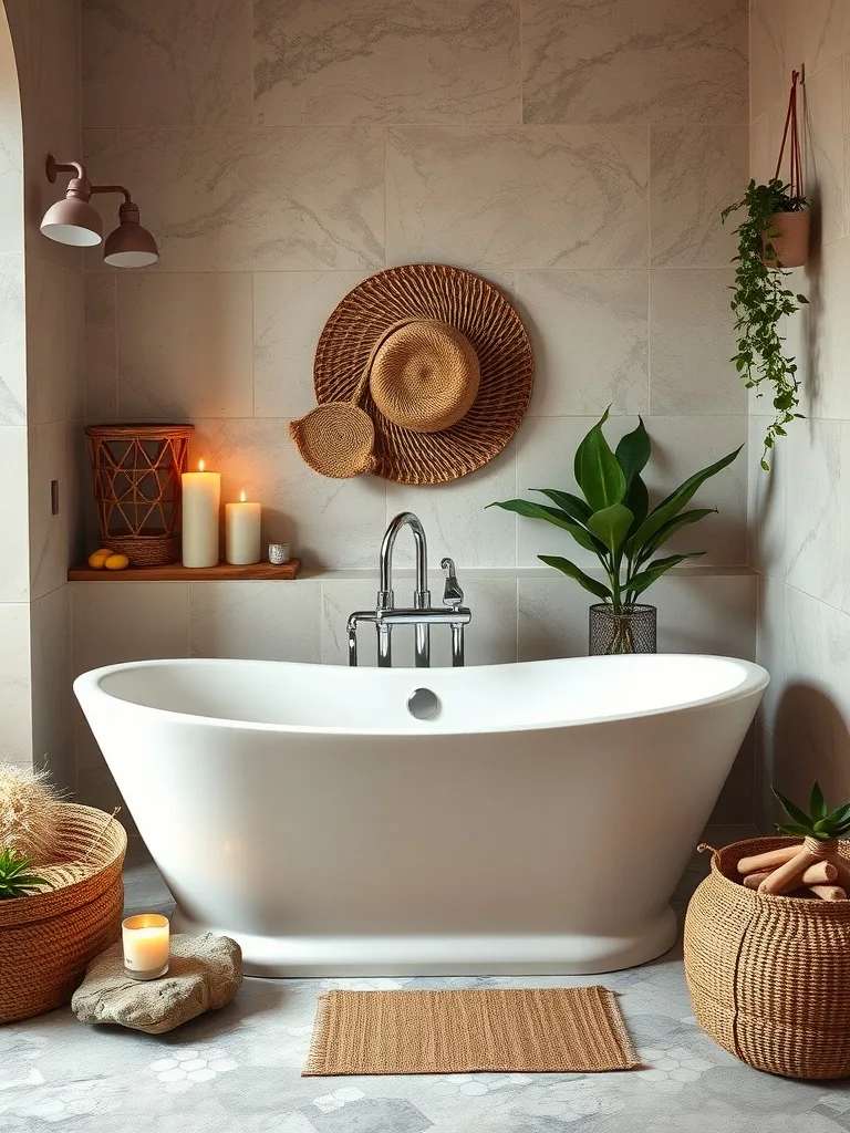 A modern boho bathroom featuring a freestanding bathtub, plants, and natural decor.