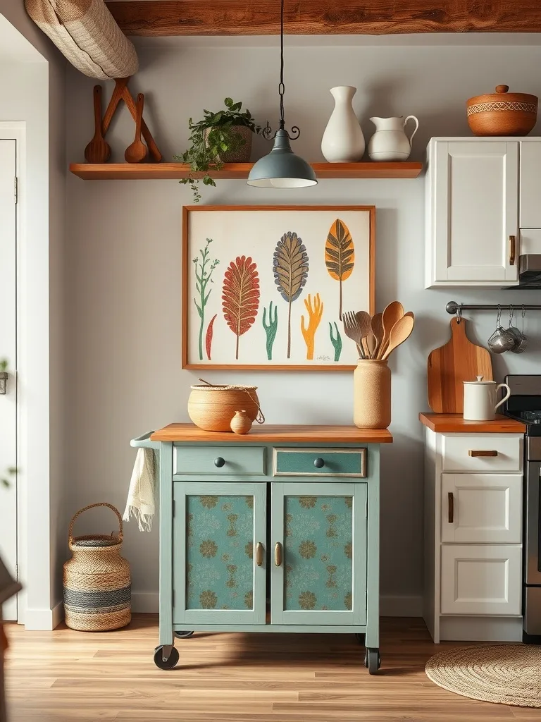 A modern boho kitchen featuring a colorful side table, wall art with plants and hands, and practical kitchen items.