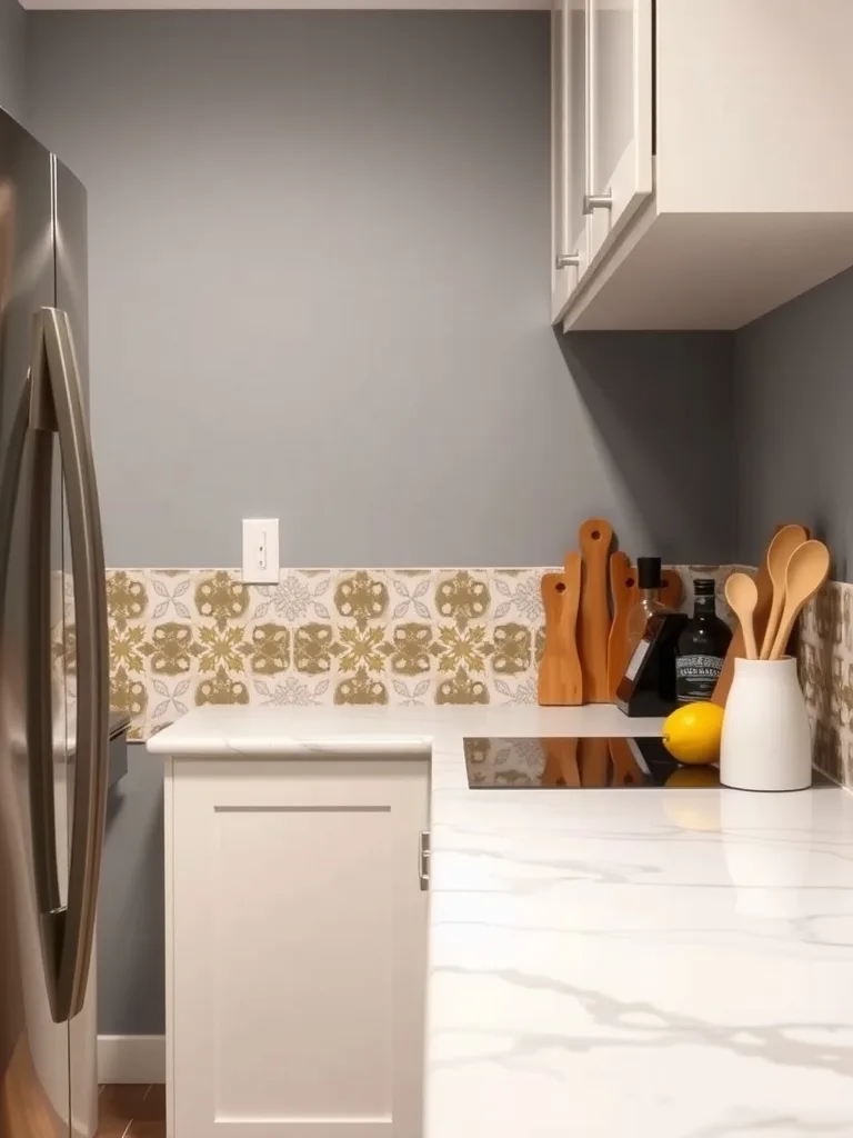 A small galley kitchen featuring a stylish patterned backsplash, stainless steel refrigerator, and white cabinets.