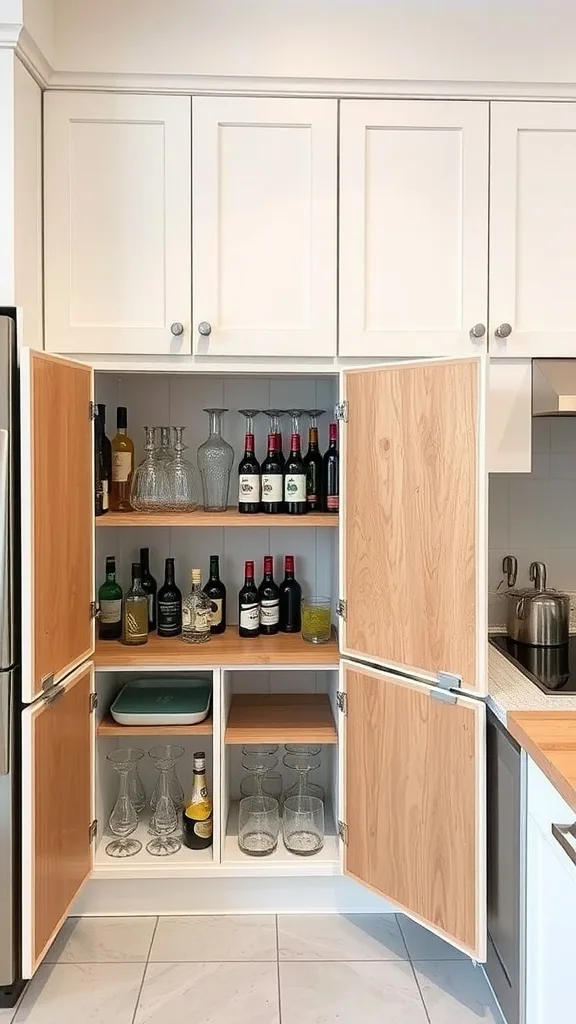 Stylish kitchen corner cabinet set up as a bar, showcasing various drinks and glassware.