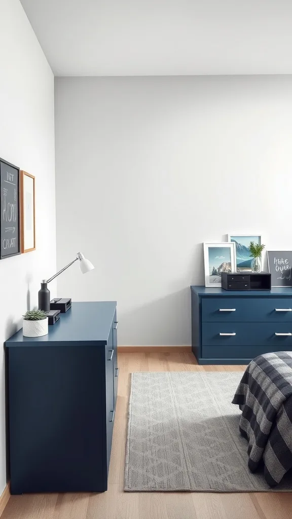 A blue and gray bedroom featuring modern furniture.