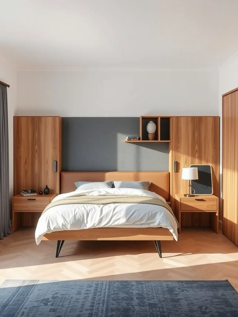 Modern bedroom with wooden furniture, a stylish bed, and organized storage.