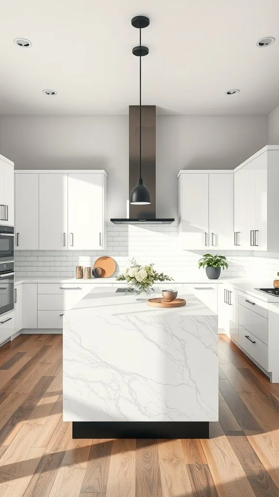 Modern black and white kitchen with a stylish island and wooden flooring.