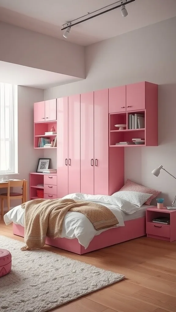 A pink-themed bedroom with organized storage solutions.