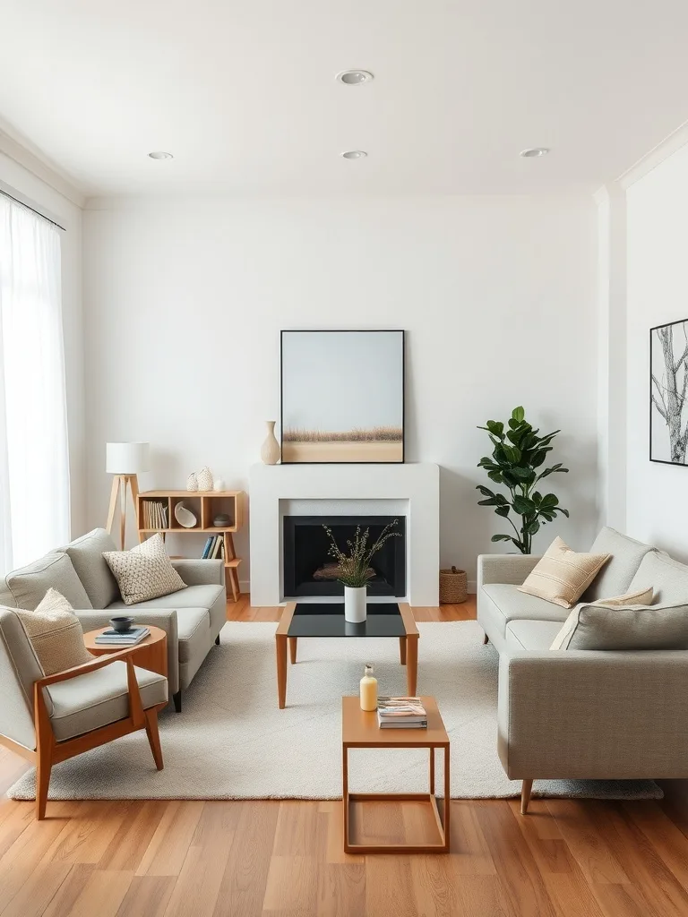 A neutral living room featuring two sofas, a coffee table, and a plant, showcasing multi-use furniture