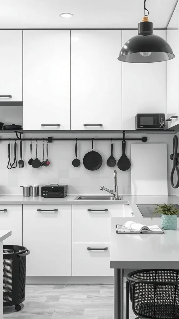 A sleek black and white kitchen with organized storage and modern appliances.