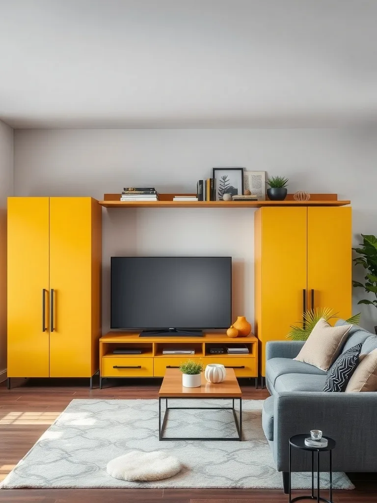 A modern yellow storage solution in a living room with a gray sofa and wooden flooring.