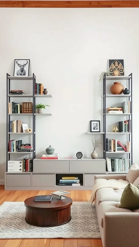 A stylish living room featuring artistic shelving with books, decorative items, and a cozy sofa.